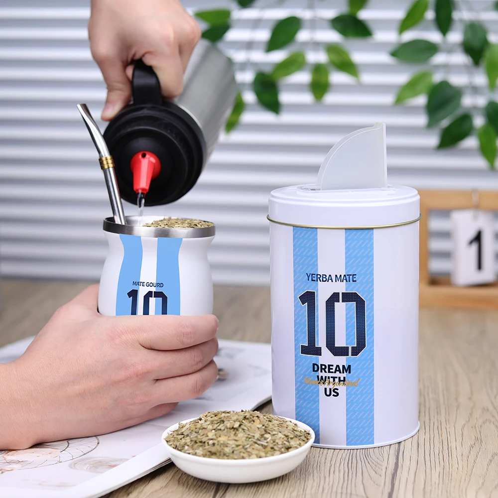 Yerba Mate Cup Set Included Argentina Football Captain No.10 Style Yerbero Stainless Steel Mate Gourd and Bombilla Straw