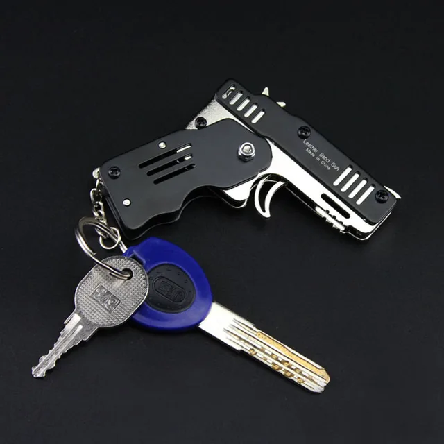 All metal mini can be folded as a key ring rubber band gun children's gift toy six bursts of rubber toy pistol  toy gun 2