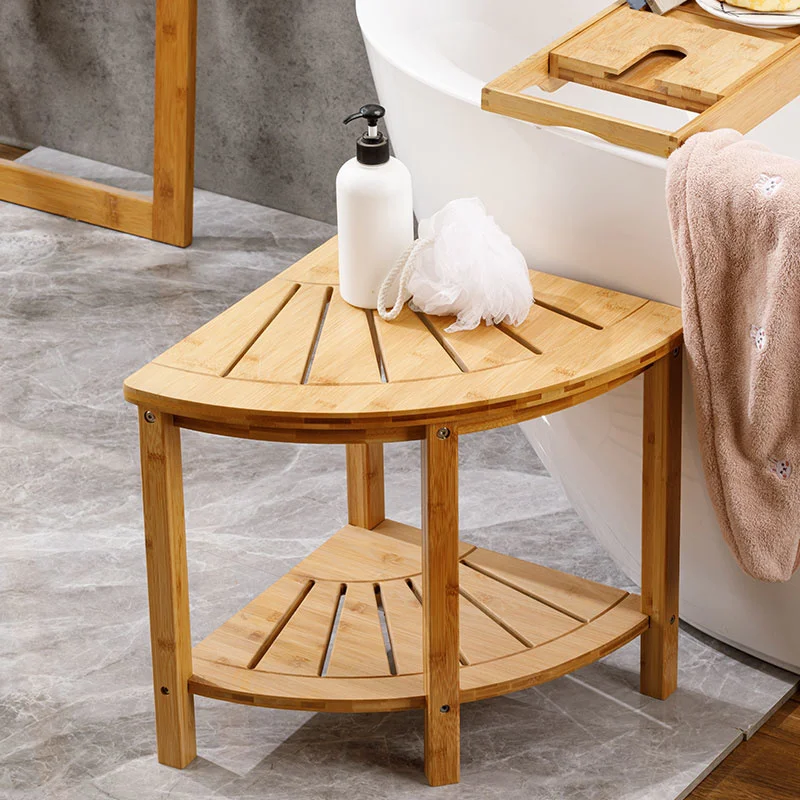 

Bathroom Table Japanese Simple Bathroom Stool Fan-shaped Double-layer Multi-functional Storage Shelf Bamboo Household Items