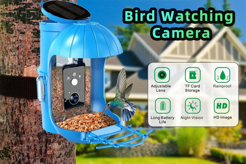 Alimentador de pássaros HD Smart Video com painel solar, câmera para Wildlife Gazebo, suprimentos de alimentação ao ar livre, acessórios impermeáveis para pássaros, 1080P