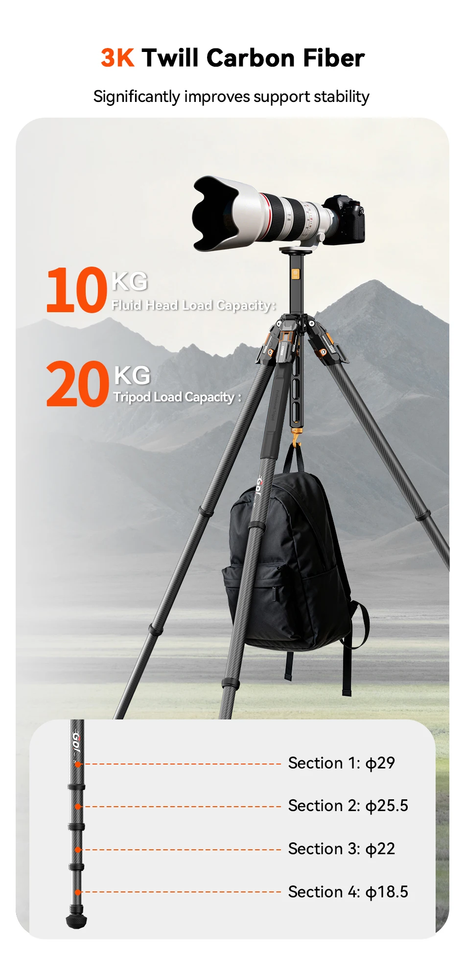 - T1/T1S/T1S V5 Snap-Open Carbon Fiber Video and Photo Tripod 4 Section Legs Adj