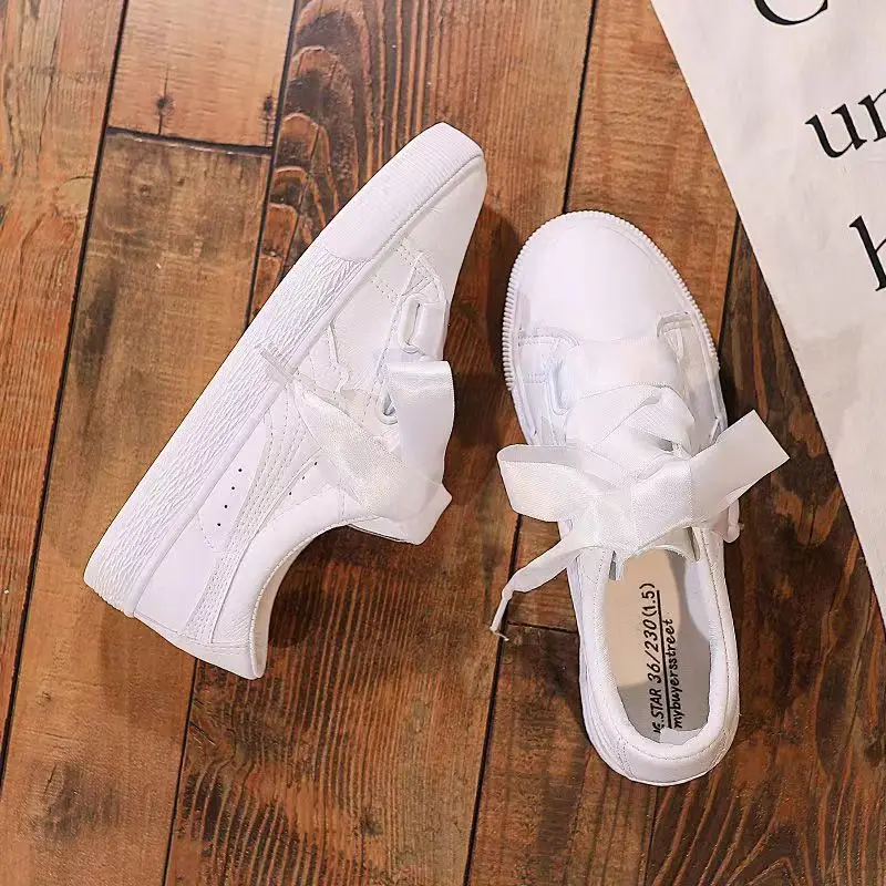

New Women Shoes Spring Ribbon Bow White Casual Sneakers Non Slip Fashion Flower Flat All-match Shoes Rainbow Ribbon Sneakers