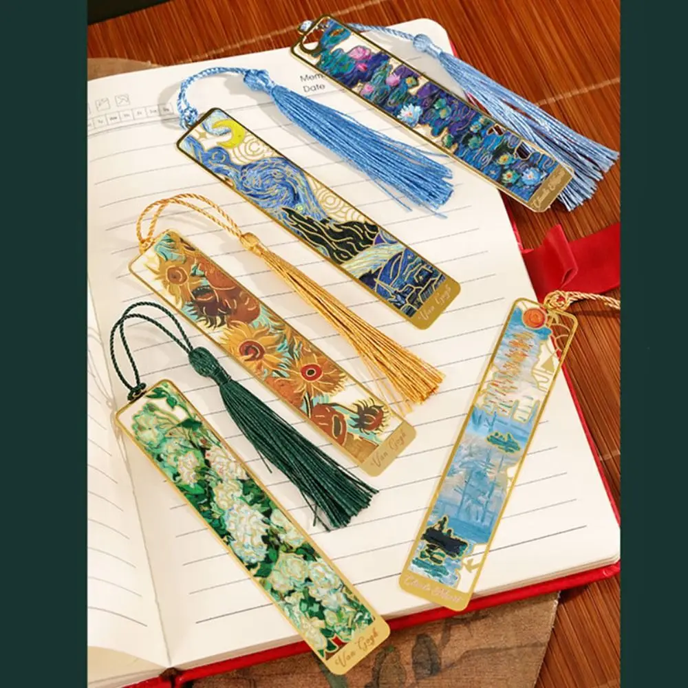 Creative Oil Painting Metal Bookmark Student Gift Ruler Reading Book Clip Tassel Pendant School Office Supplies Pagination Mark