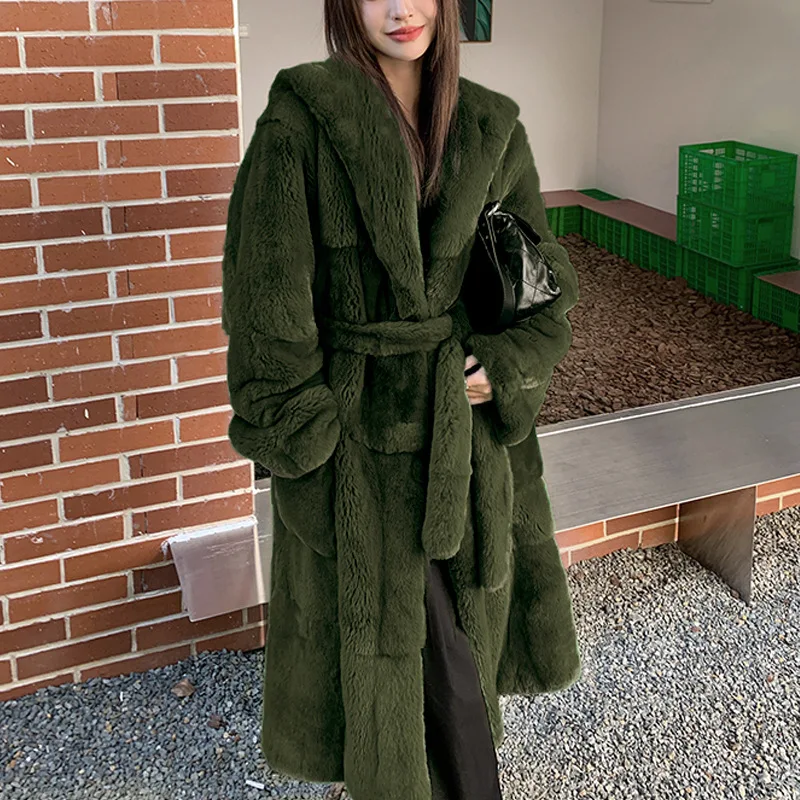 Luxury Brand Winter Long Fur Coat Women Warm Thick Faux Fur Jacket Hooded Chic Long Coat Lace-up Long Sleeve Outerwear New