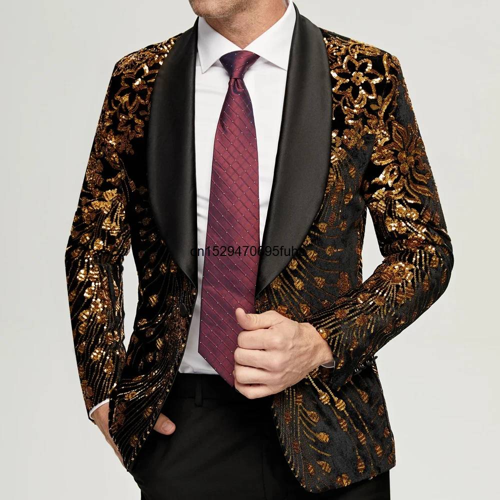 Men's Gold Sequin Blazer Jacket Men 2023 Fashion Slim FIt One Button Dress Suit Blazer Male Party Wedding Stage Costume Homme 2