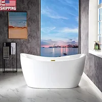Contemporary White Acrylic Bathtub 59" Soaking Tub with Brushed Gold Overflow and Drain Non-Slip Design High Gloss LUCITE 1