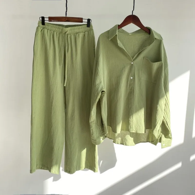 

Spring Summer Cotton And Linen Solid Color Long Sleeve Shirt Women's Suit Fashion Retro Casual Female Wide Leg Pants 2 Piece Set