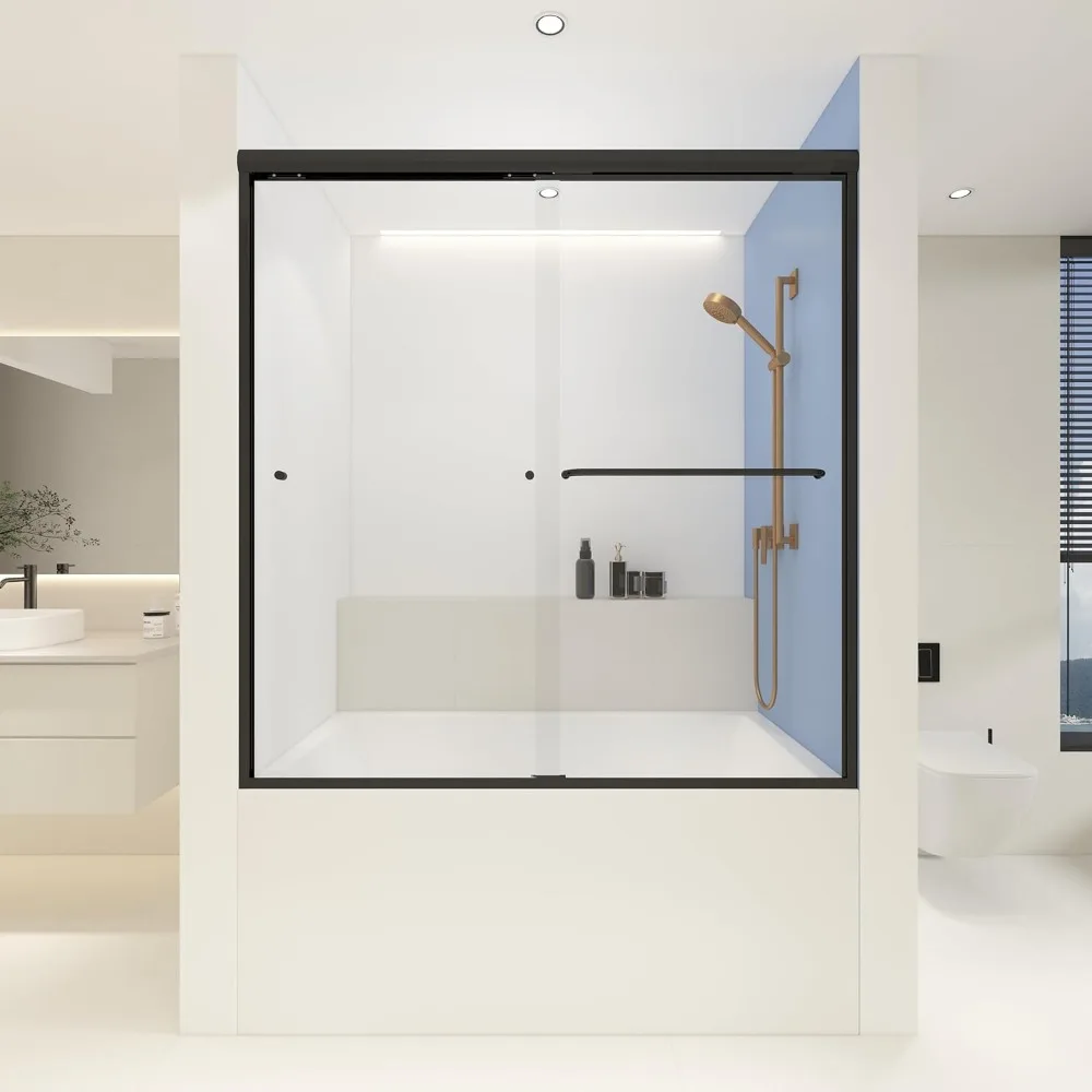 Shower Doors 60" W X 62" H Double Sliding Glass Bathroom Shower Doors for Bathtub, 1/4" Thick Clear Tempered Glass, Matte Black 6