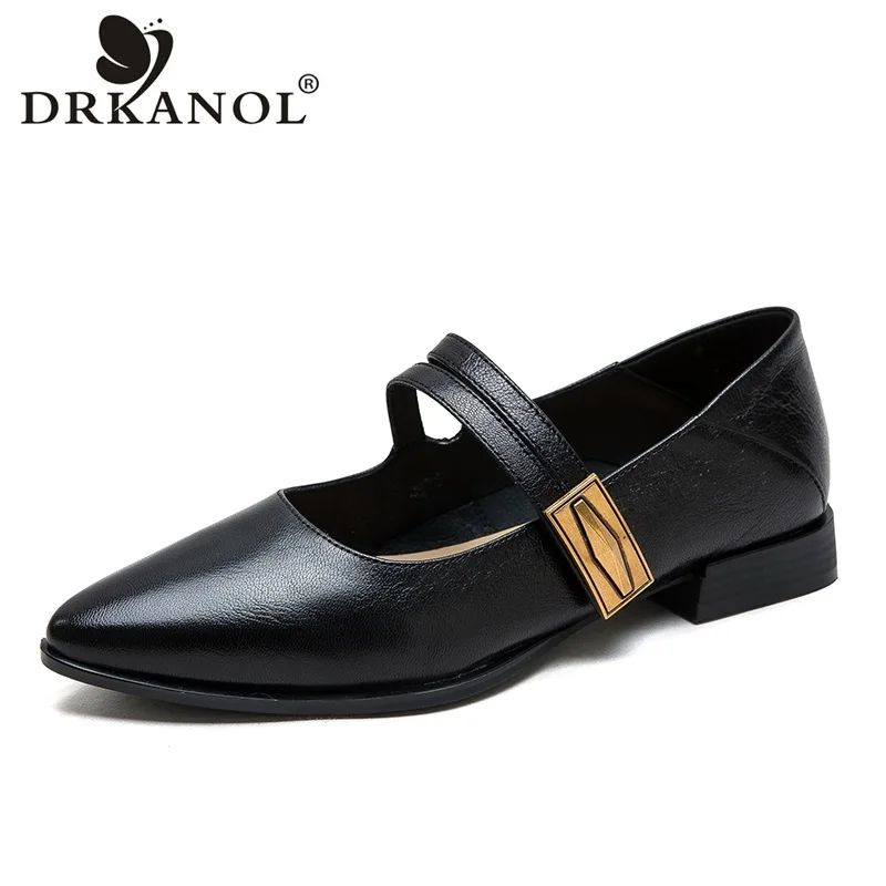 

DRKANOL Literary Style Women Flat Shoes Quality Genuine Leather Sheepskin Shallow Pointed Toe Low Heel Casual Shoes Women Loafer