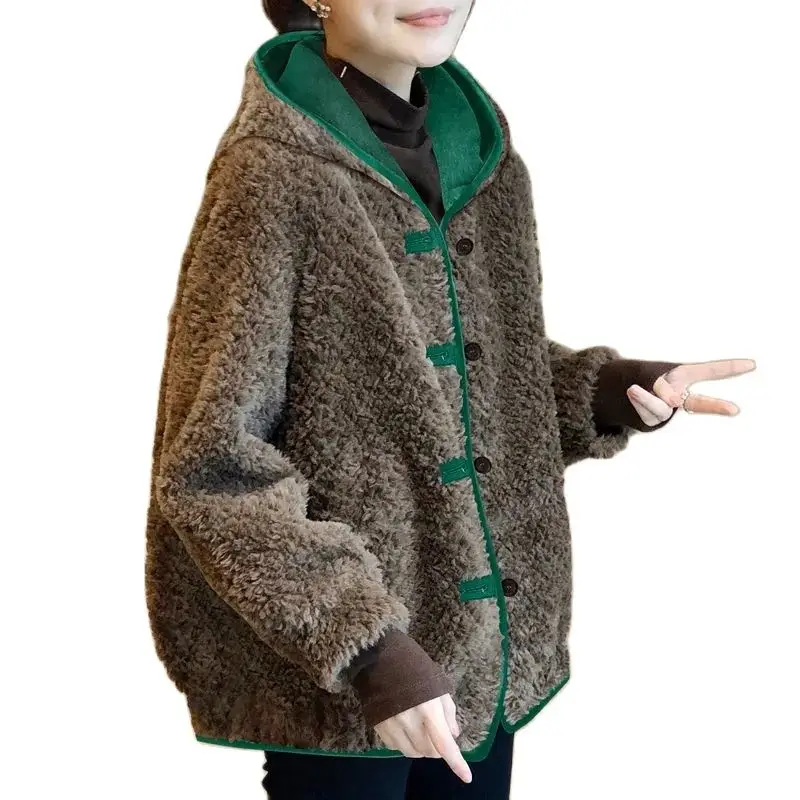 

Imitation Lamb Plush Jacket Women's Coat Short Hooded Fashion Loose Hairy Autumn Winter Tops 2022 New Casual Outerwear Female