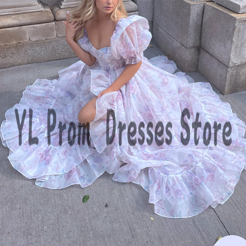 YL Charming Light Purple  Evening Dresses Sweep Train Floral Princess Organza Prom Dress Sexy Slit Off Shoulder Formal Gowns pink bling prom dresses 2022 long sparkle sequined off shoulder floral a line sweetheart sweep train evening gowns women formal