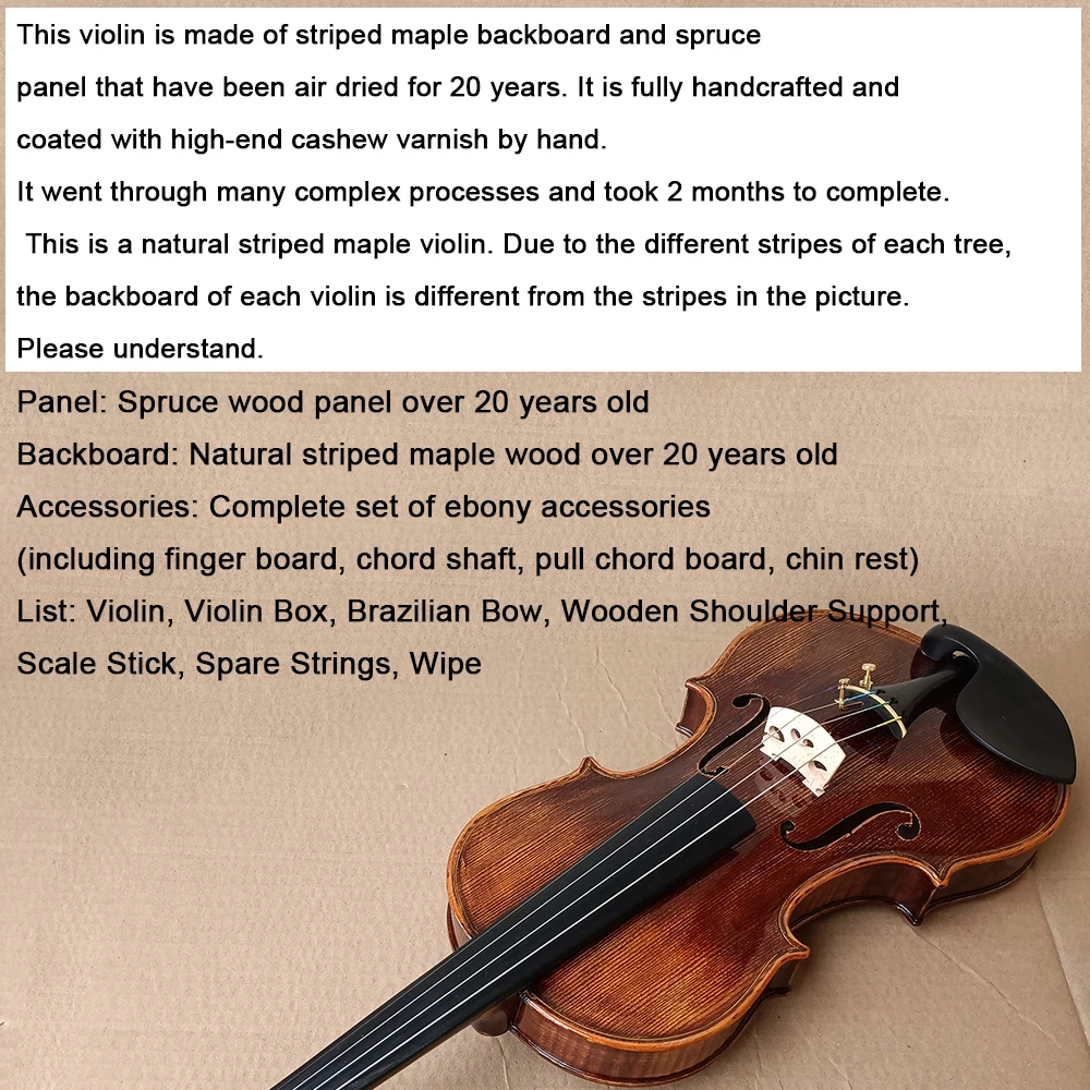 20 years Natural tiger stripes all Handmade Violin set 4/4 cashew varnish Dark brown Stradivari Violin Professional Performance