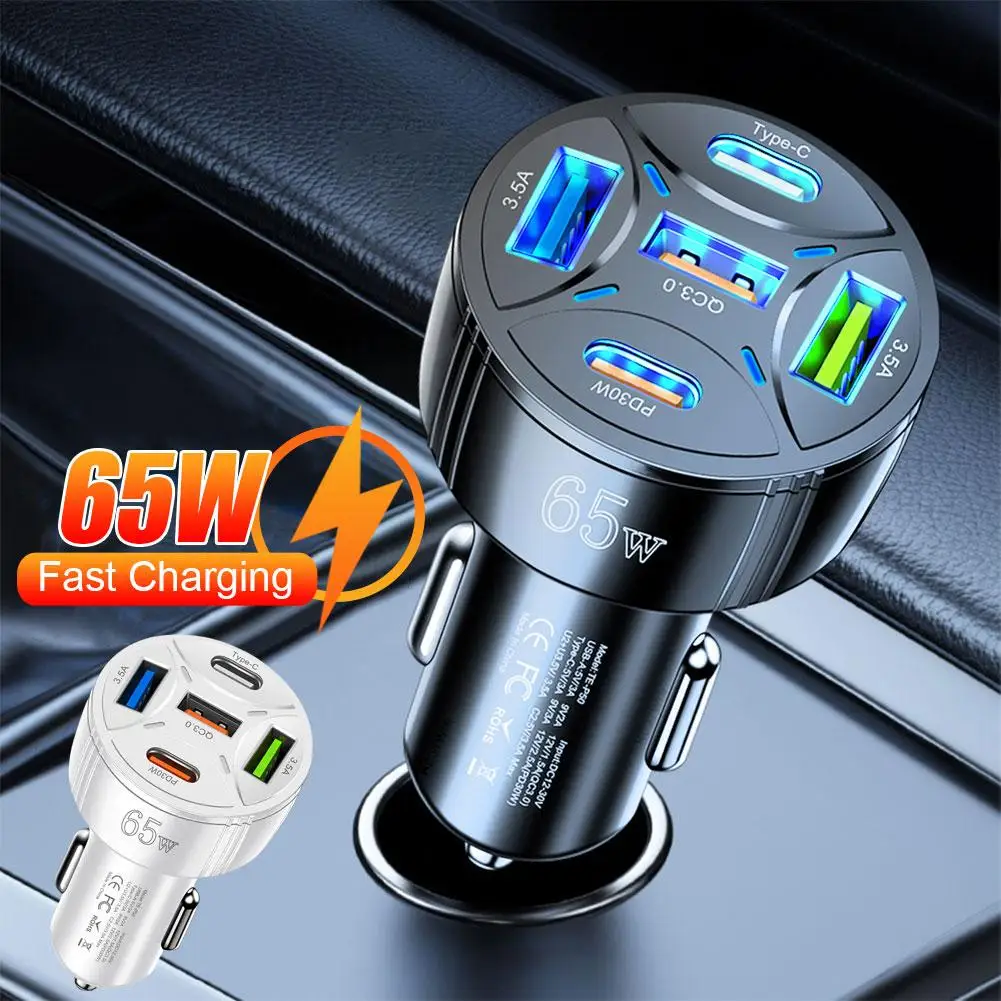 

5 Ports 65W USB Car Charger Type C Fast Charging QC3.0 USB Type C PD Quick Phone Charger In Car For iPhone Samsung