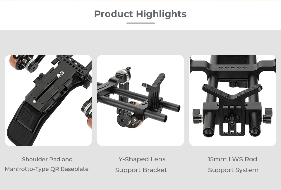 Shoulder Kit Mount 15mm Railblock Rig with Manfrotto QR Plate and Wooden Handgri