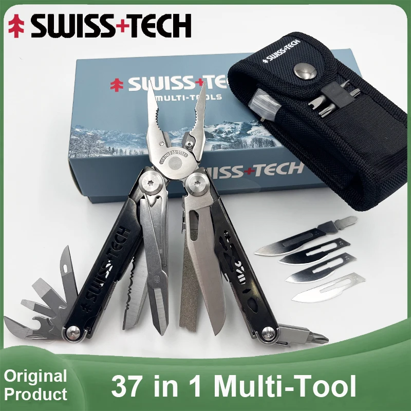 SWISS TECH 37-in-1-Multitool-Zange, zusammenklappbar, Multitool, Taschenmesser, EDC, Outdoor, Camping, Überlebenswerkzeuge mit austauschbaren Klingen