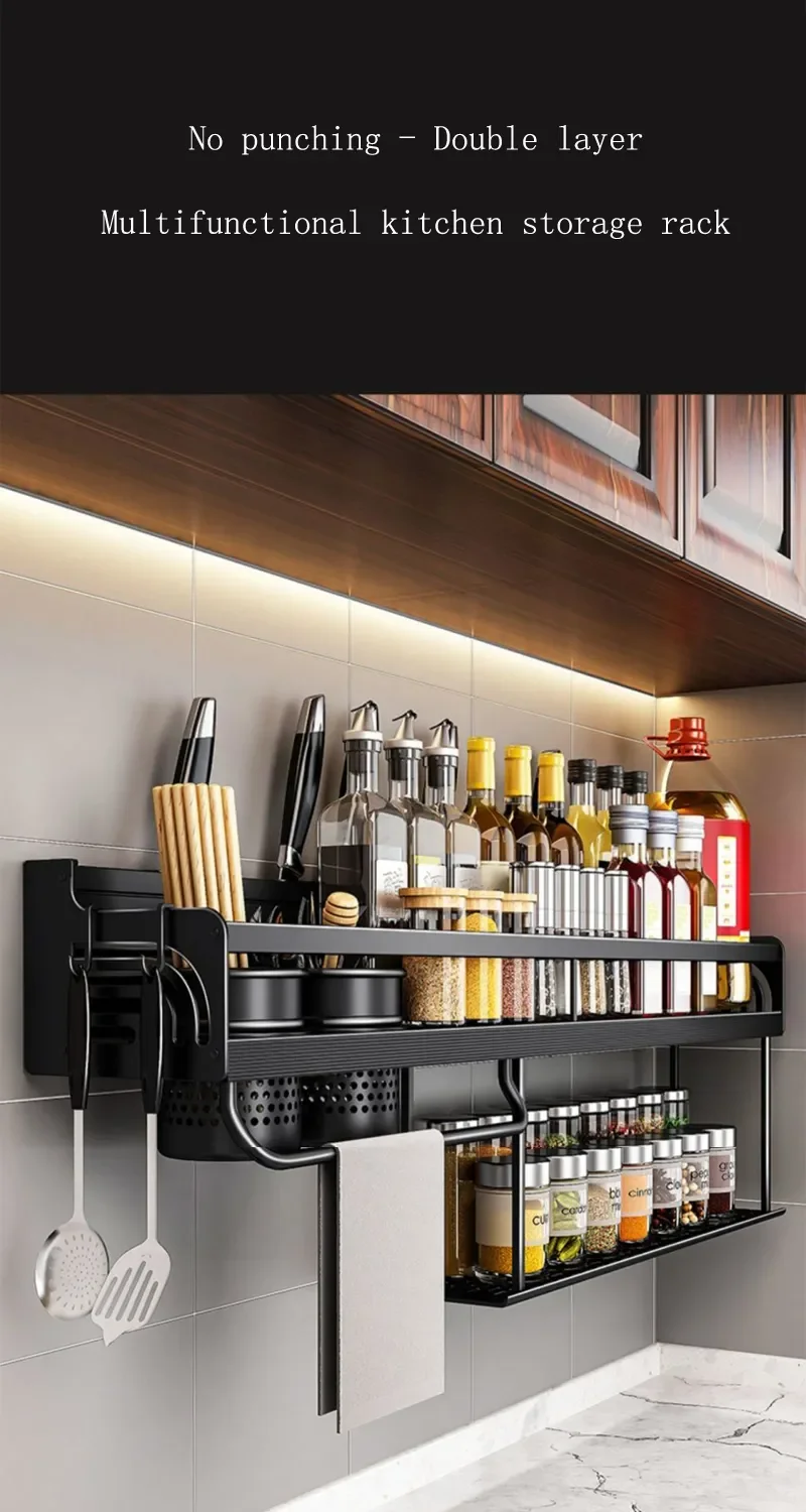 60 70 80cm Kitchen Shelf Wall Mount Spice Rack Seasoning Storage Rack Knife holder Chopstick Organizer Kitchen Accessory AliExpress