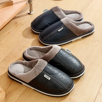Men's slippers Winter Big Size Indoor Waterproof PU Leather Large Sizes Home Cotton shoes Fur Flat Cotton Bedroom Houseshoes 1