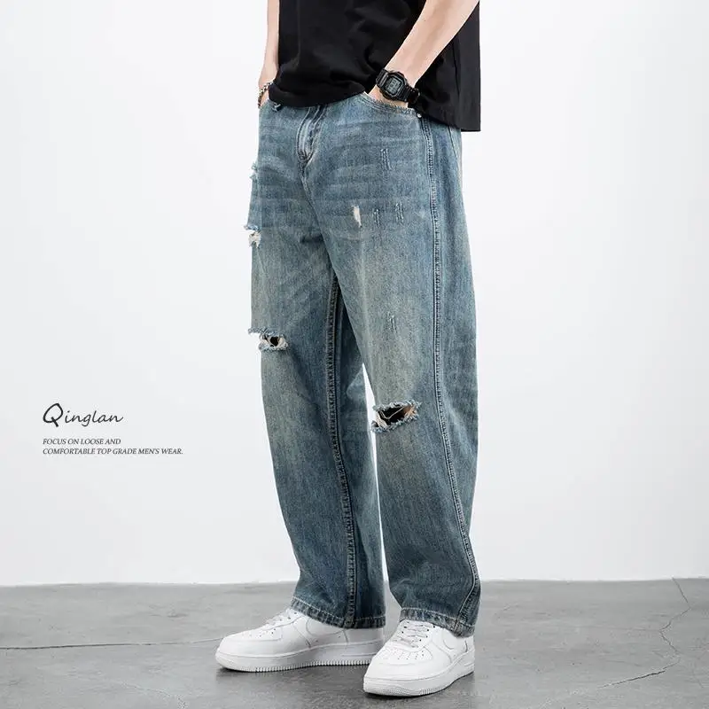 

Preppy Style Spring Hole High Street Jeans Men Loose Vintage Korean Straight Cylinder Solid Color Affordable Casual Haren Pants