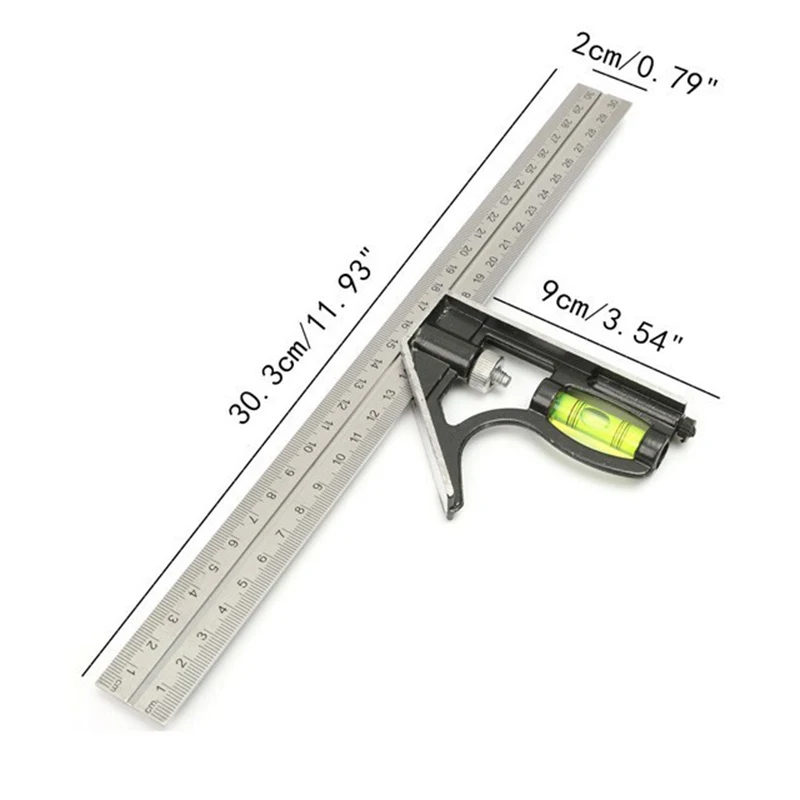 300Mm Adjustable Combination Square Angle Ruler 45 / 90 Degree With Bubble Level Multifunctional Gauge Measuring Tools