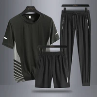 Summer men's sports running three piece set with round neck, short sleeved T-shirt, shorts, long pants, loose ice silk set 1