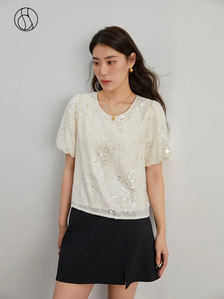 

DUSHU Sequin Style Top Summer 2023 New Slim Fashion T-shirt O-Neck Women Casual Loose T-shirt Short Sleeve Women Tops