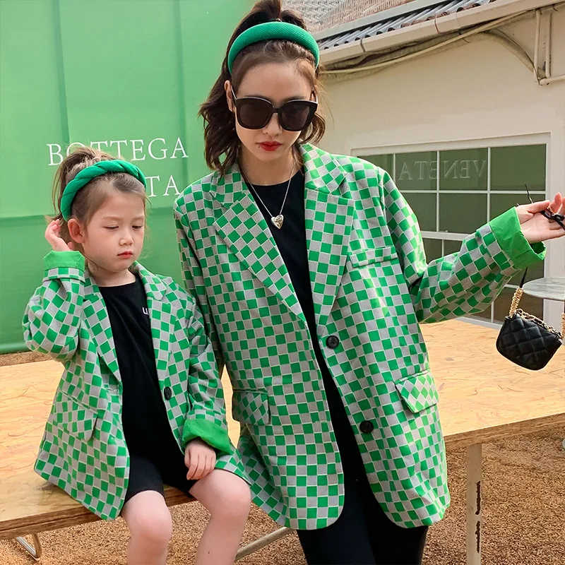 

Parent-child Spring 2022 Korean Version of Mother and Daughter Green Plaid Suit Jacket All-match Trendy mom and daughter matchin