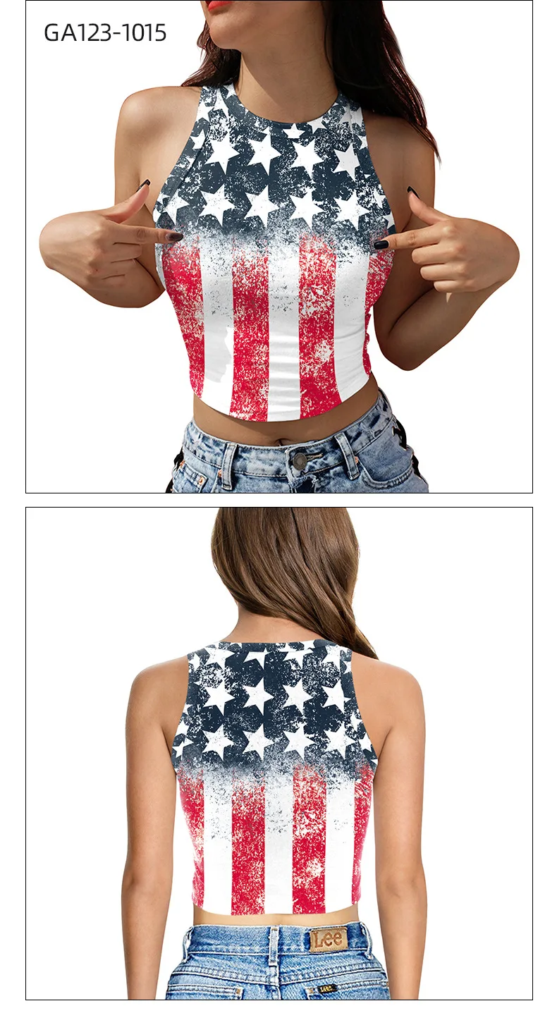 

2024 New Summer Digital Printed Sleeveless Off the Shoulder Tank Top Short Bottom Suspended Top