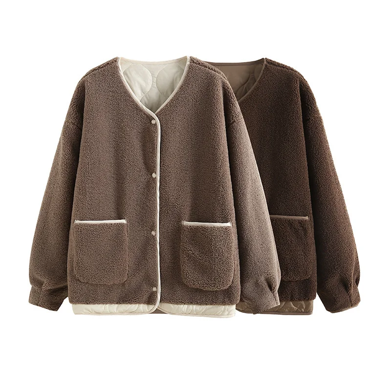 2023 Winter New Thickened Lamb Wool on Both Sides Wear Cotton Suit Coat Female and Thin Lazy Wind Short Cotton Suit Solid Color