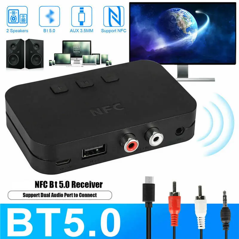 

NFC Bluetooth 5.0 Receiver Transmitter AUX 3.5mm RCA Jack USB Smart Playback Stereo Audio Wireless Adapter for Car Kit Speaker
