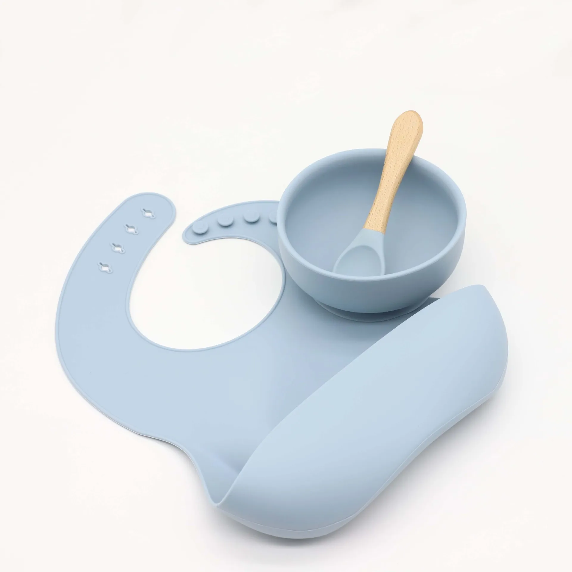 Silicone bib ventosa tigela redonda lidar com colher de madeira conjunto treinamento alimentar complementar conjunto de utensílios de mesa de