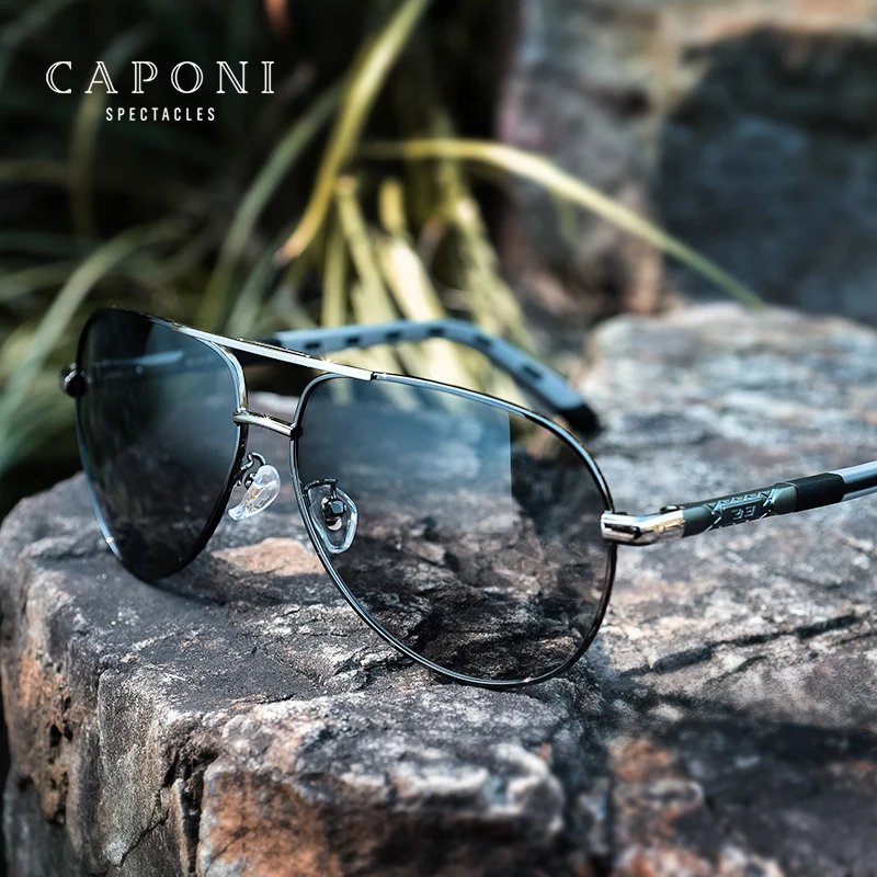 CAPONI Polarized Sunglasses For Men UV Protect Driving Men's Shade Pilot  High Quality Metal Photochromic Male Sun Glasses BS8725