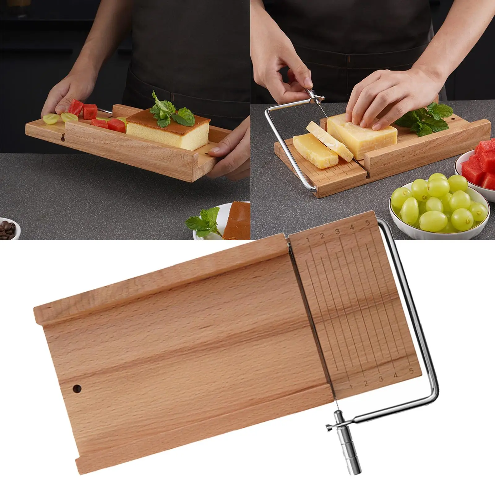 Cheese Slicer with Wire for Block Cheese - Adjustable Cheese Cutter Board  with 5