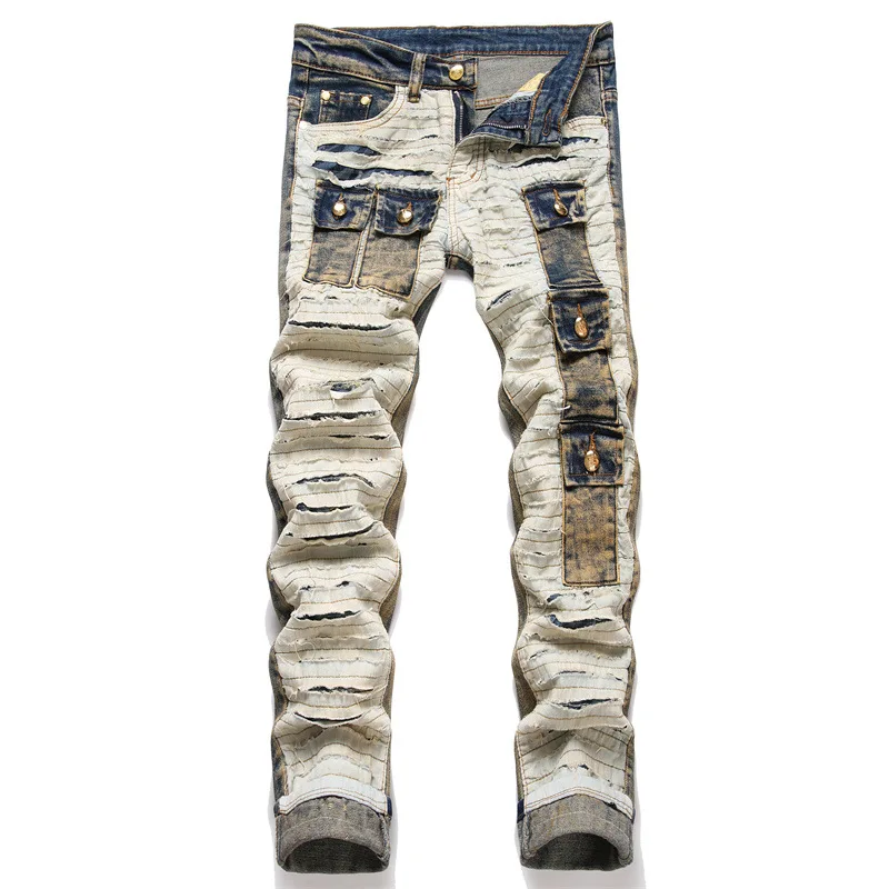 

Vintage Distressed Ripped Jeans For Men Multiple Pockets Slim Fit Original Patchwork Separate Design Men's Retro Denim Pants