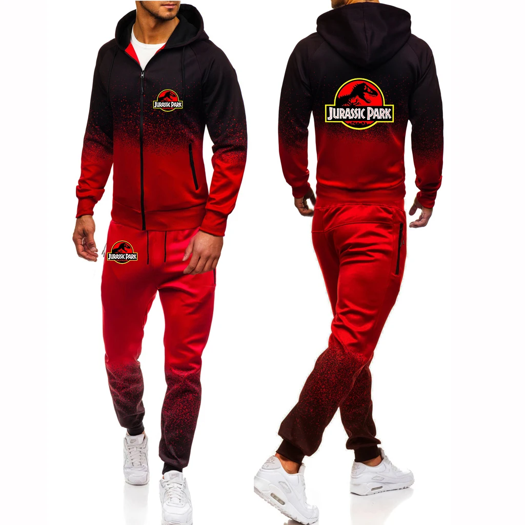 2023 New Jurassic Park Spring Autumn Custom Made Brand Men Zipper Jacket Hoodie + Pants Drawstring Gradient Color Suit Leisure