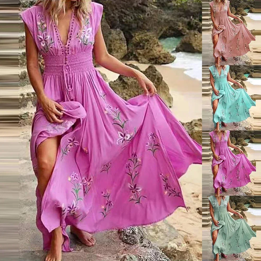 2024 French Sexy V-neck Dress Women Print Flying Sleeve Midi Dress Elegant Casual Short Sleeve Holiday Beach Style Dresses