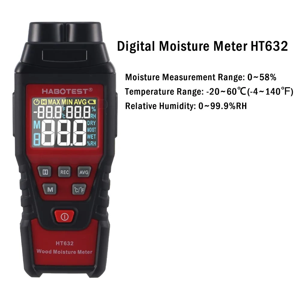 1pc HABOTEST HT632 Digital Moisture Meter Cement Wood Gypsum Material Humidity Detector Timber Gauge Temperature Hygrometer