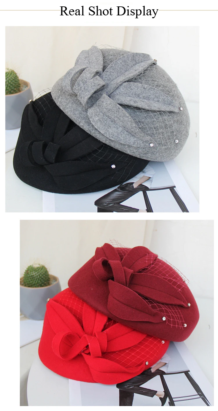 Women Chic Fascinator Hat Cocktail Pillbox Cap Fashion Flower Berets Lady Party Grace Woolen Felt Fedora Hat Winter Cloche Hat