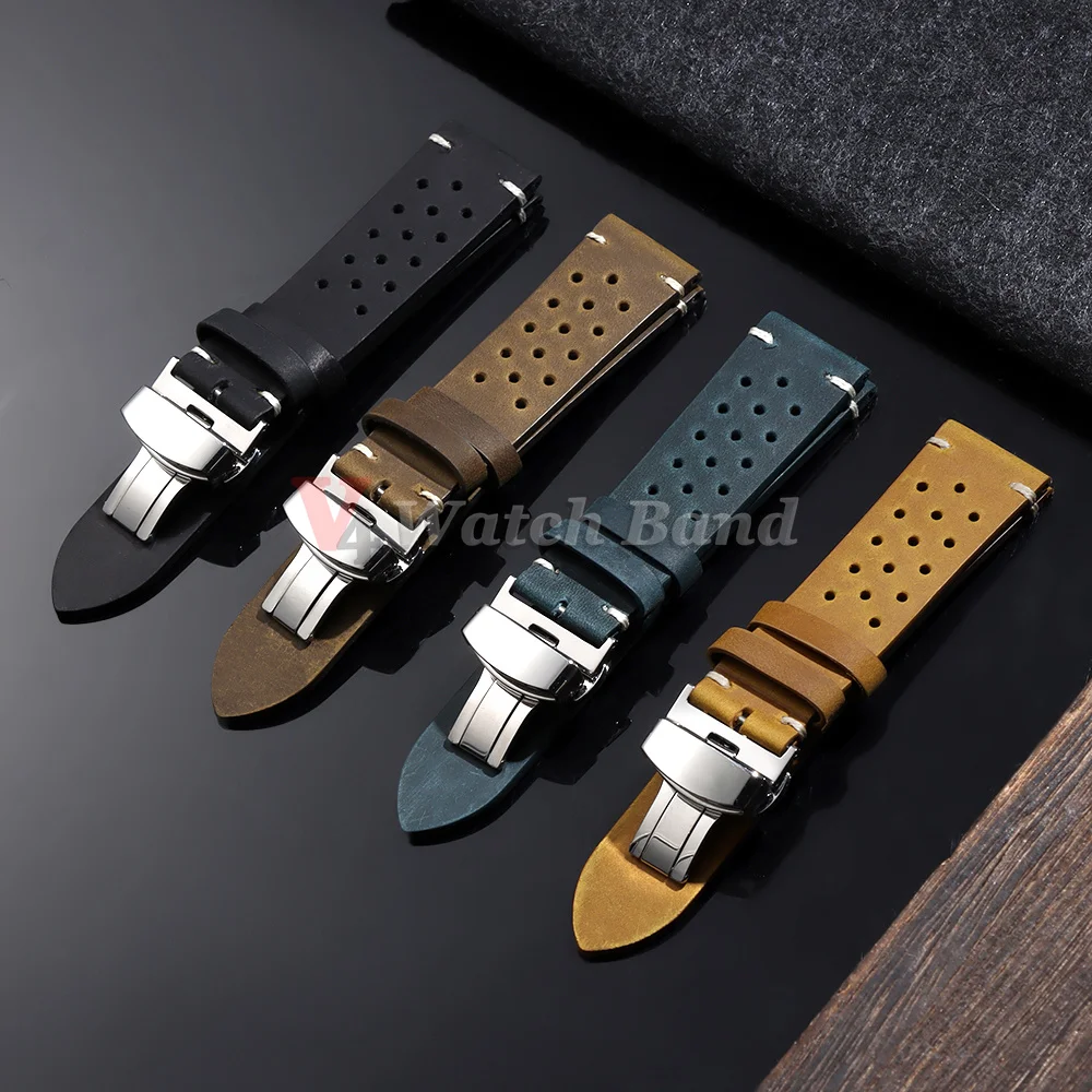 Vintage Butterfly Buckle Porous Cowhide Watch Strap - Breathable Soft Leather Business Band