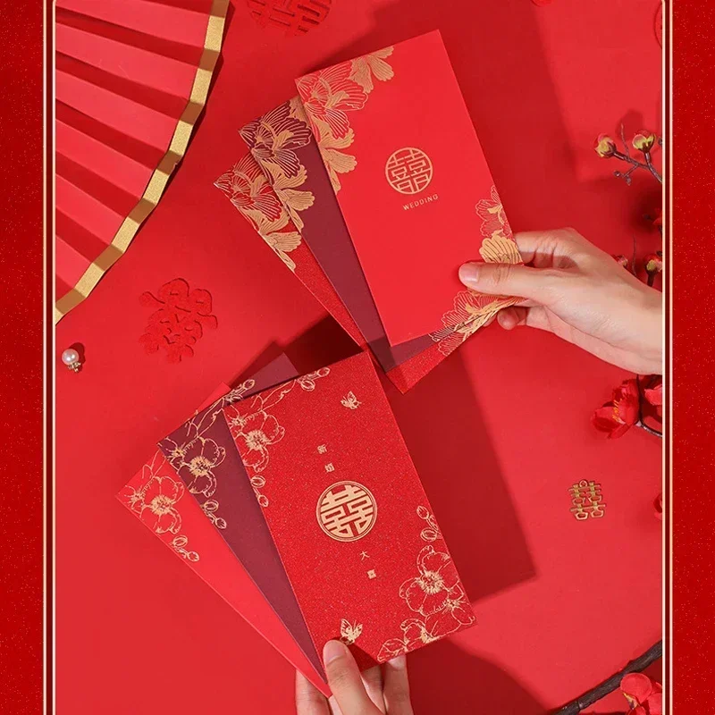 5pcs Kawaii Red Envelopes Lucky Pocket Wedding Poastcards Invitation Cards Cover Gift Bag Cash Envelopes Events Party Decoration