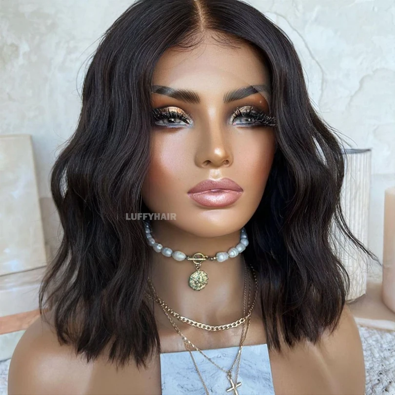 Short Human Hair Wigs Brazilian Body Wave Human Hair Full Lace Wigs for Women Short Wavy Bob Pre Plucked 14inch 200%Density