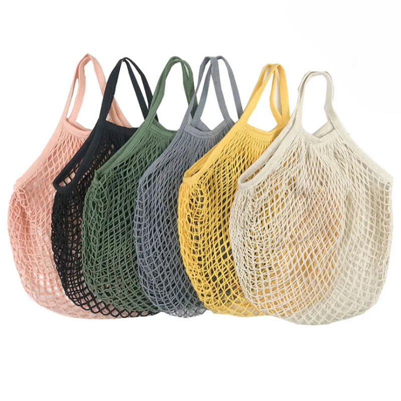 Handheld foldable shopping Cotton mesh bag , reusable fruit mesh bag, Woven mesh pocket hollowed out kitchen storage