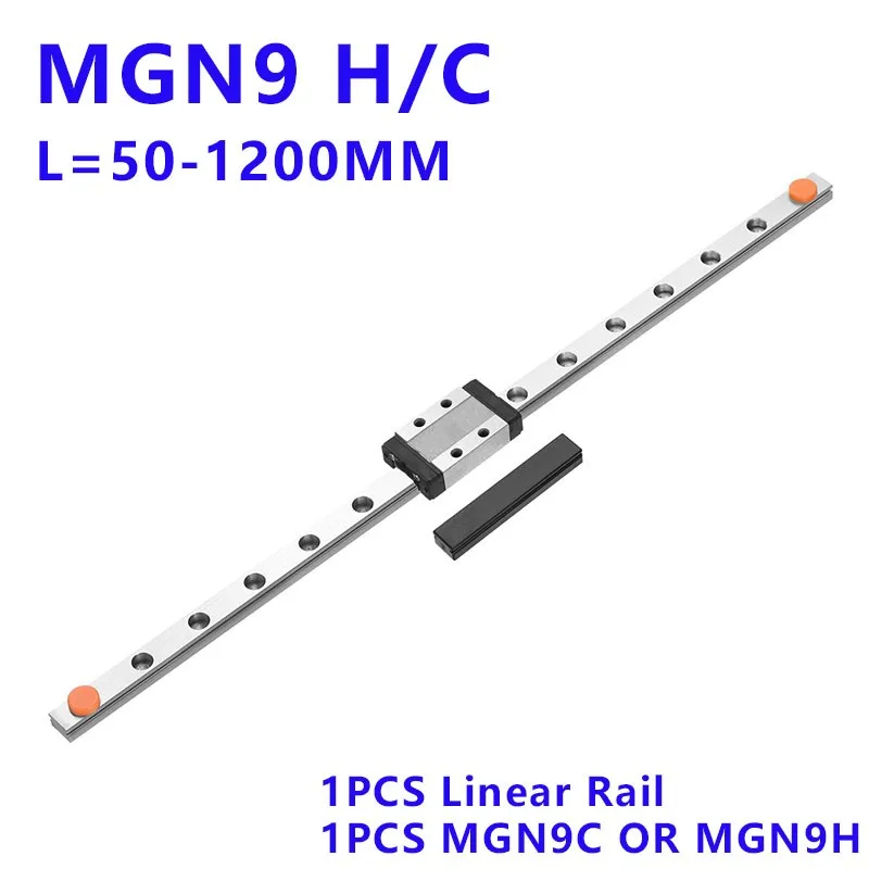 1PCS MGN9 9mm Linear Guide 100 150 200 250 300 350 400 450 500 600 800 1000mm Linear Rail + MGN9H or MGN9C Block 3d Printer CNC