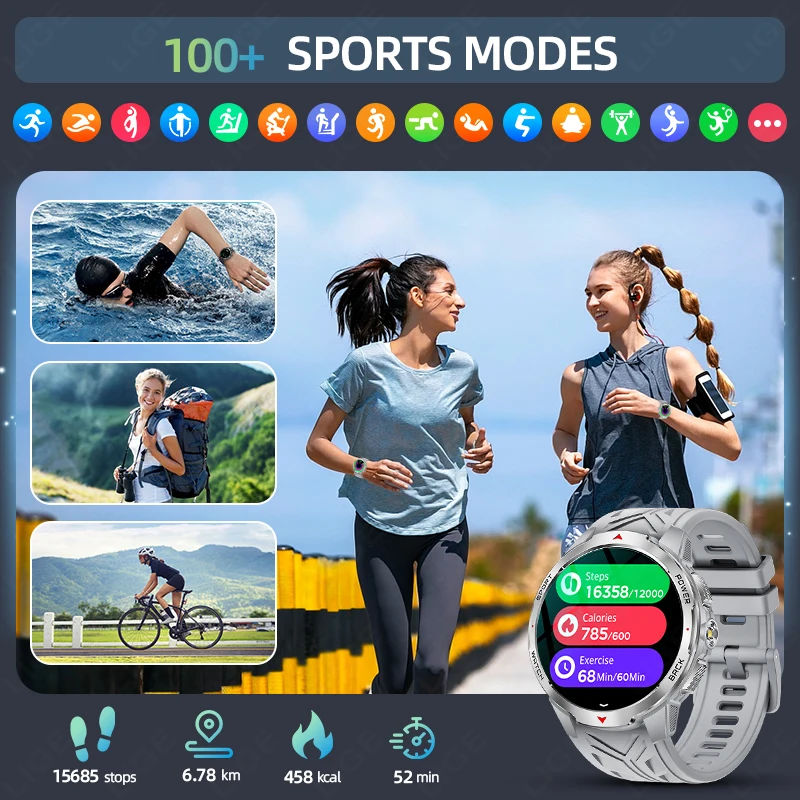 LIGE 1100mAh Super Capacity Battery Smart Watch Men Compass Flashlight 1.7" HD Bluetooth Call 3ATM Sport Military Smartwatch NEW