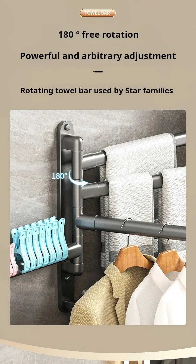 Description Picture 5 of item4 Tier Towel Bar Hole-free Installation Rotatable Multifunctional Bathroom Towel Storage & Organization Rack