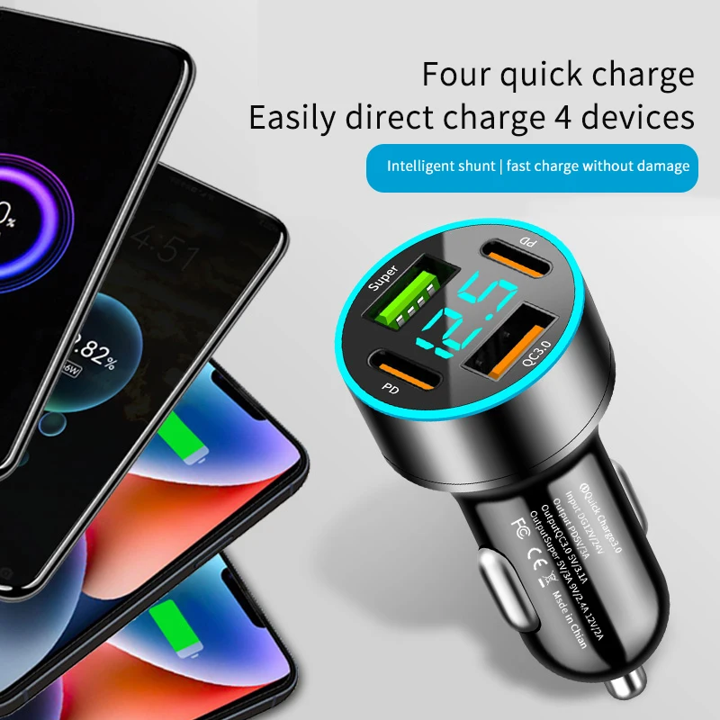 4 Port PD QC3.0 USB C Car Charger Fast Charging Type C Car Phone Charger Adapter For iPhone Samsung Xiaomi Huawei LED Display