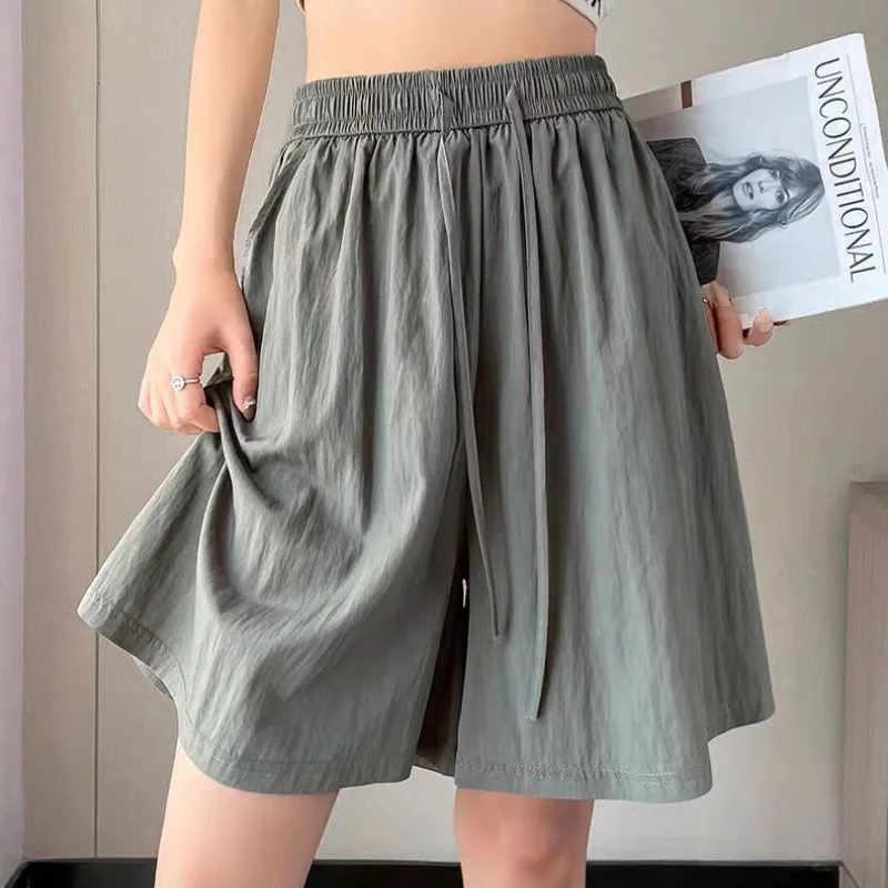 Summer Solid Color Women's Clothing Shirring Bandage Elastic High Waisted Pockets Casual Loose Wide Leg Sweatpants Shorts