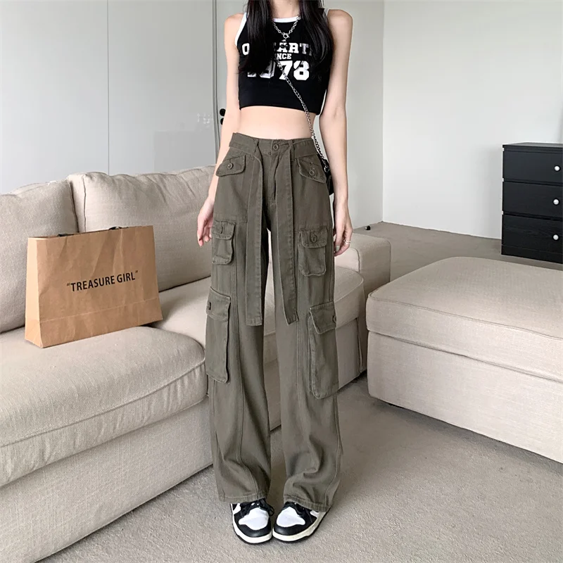 Vintage Baggy Pockets Cargo Pants For Women Y2k Summer Korean Straight Oversize Trousers Aesthetic Wide Leg Jeans Female Clothes za denim jacket women thin parkas straight shirt coats fashion blue outwear female pockets oversize coat woman jacket autumn trf