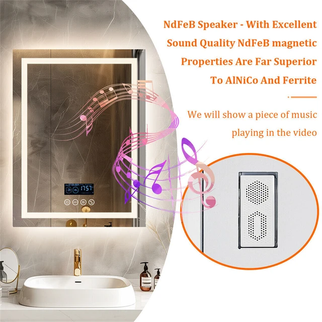 Smart LED Bathroom Mirror Rectangle Wall Mount Mirror w Bluetooth Speaker,Time,Temperature,Light Memory,Front & Backlit,Anti-Fog 6