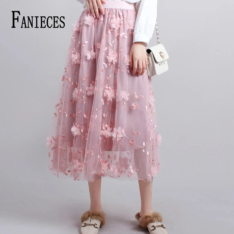 FANIECES Luxury Embroidery Tulle A-line Skirt Women 3D Floral Elastic High Waist Lace Mesh Long Skirt Elegant Ball Gown Skirt