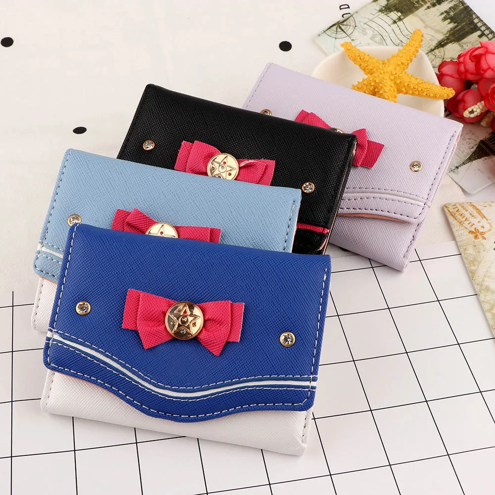 New Sailor Moon Clutch Purse Sweet Style Bow Knot PU Leather Short Wallet Candy Color Women Fashion Card Coin Bag Hot Sale